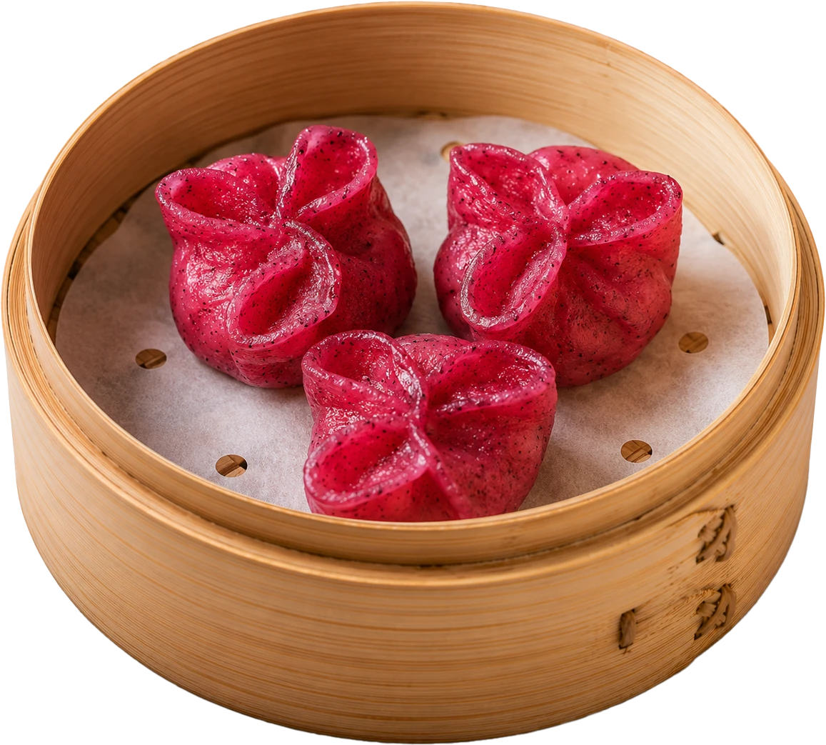 A bamboo basket of Dragonfruit Dumpling at JOY Dim Sum Kuala Lumpur