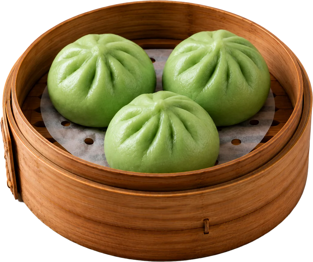 A bamboo basket of Pandan Kaya Pau at JOY Dim Sum Kuala Lumpur