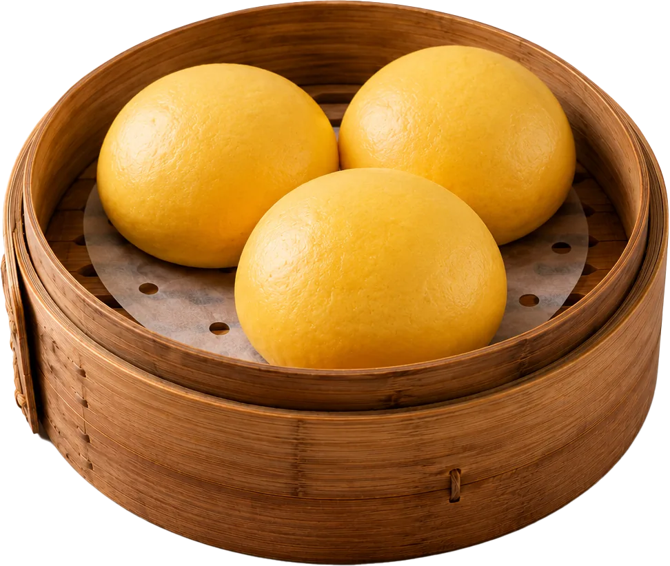A bamboo basket of Salted Egg Pau at JOY Dim Sum Kuala Lumpur